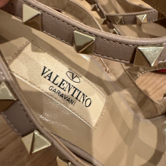 Valentino Red Pointed-Toe Rockstud T-Strap Pumps with Nude Straps - Picture 11 of 15